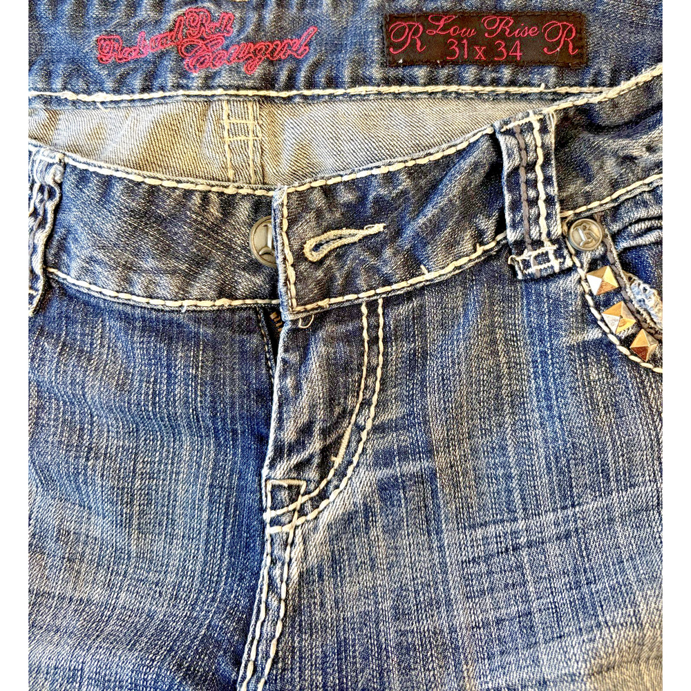 Rock & Roll Cowgirl Riding Jeans Womens 31x34 Blue Low Rise Bootcut - Picture 2 of 6